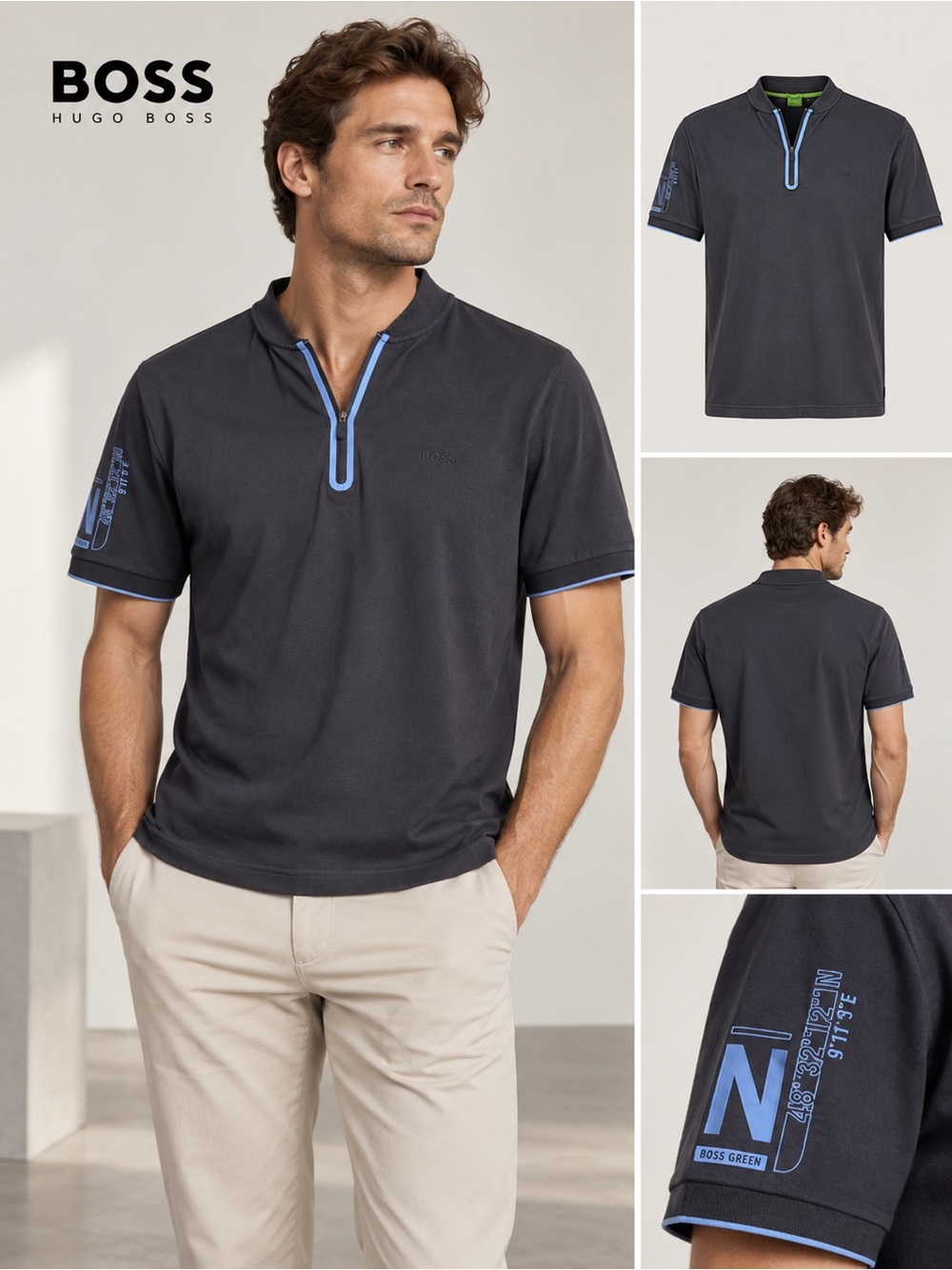 Hugo Boss Blue T Shirt with Light Blue Trim and logo
